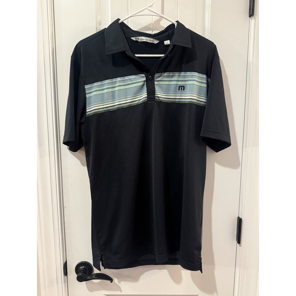 TravisMathew Polo Shirt Mens Medium Golf Performance Stretch Stripe Logo Navy